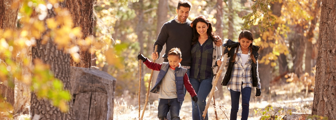 A family of four walking through a wooded path